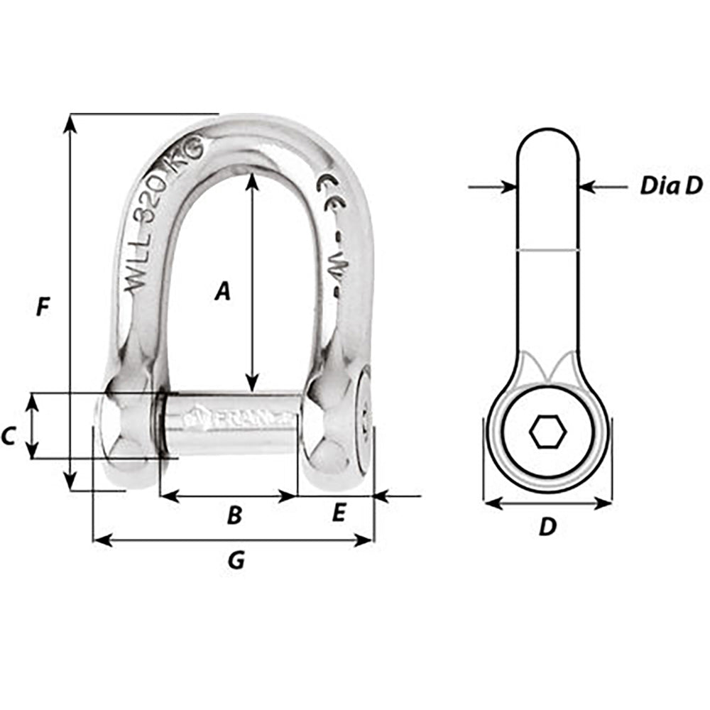 Wichard SelfLocking Allen Head Pin D Shackle  10mm Diameter  1332 01305